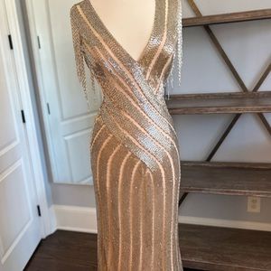 Jovani Champagne Beaded Gown